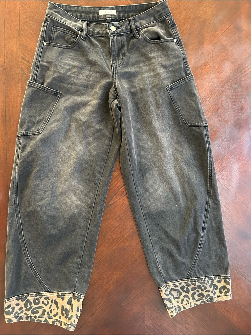 Mebon Black Cropped Carpenter Jeans with Leopard Cuff size 3